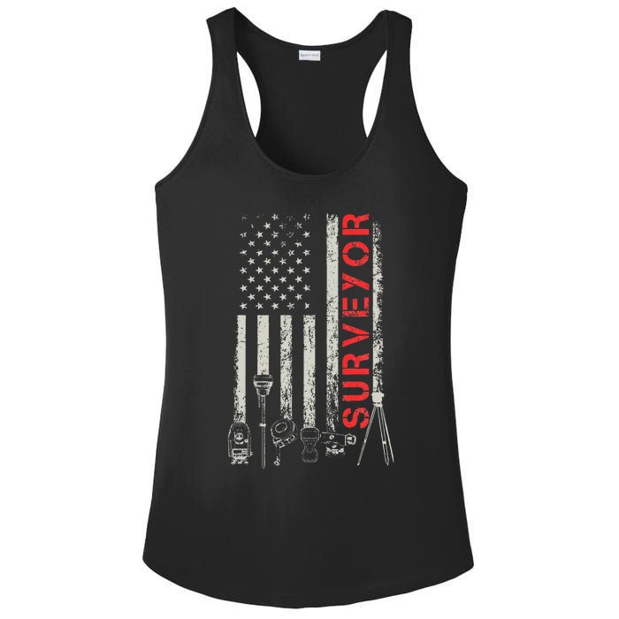 American flag land Surveyor surveying puns engineer Ladies PosiCharge Competitor Racerback Tank