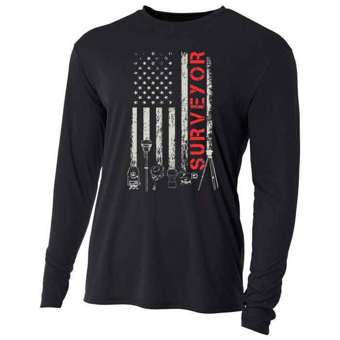 American flag land Surveyor surveying puns engineer Cooling Performance Long Sleeve Crew