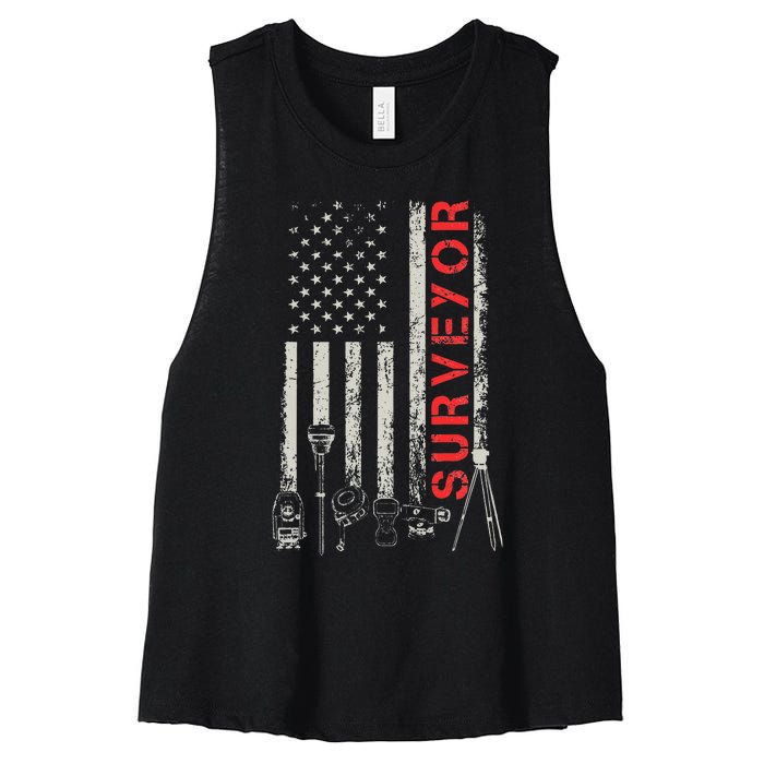 American flag land Surveyor surveying puns engineer Women's Racerback Cropped Tank