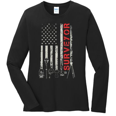 American flag land Surveyor surveying puns engineer Ladies Long Sleeve Shirt