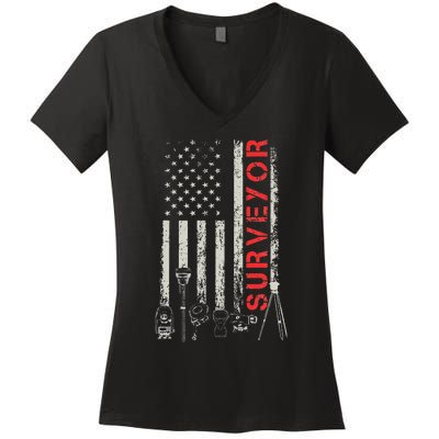 American flag land Surveyor surveying puns engineer Women's V-Neck T-Shirt