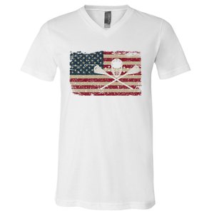 American Flag Lacrosse Usa Lax Player Gift Idea Great Gift V-Neck T-Shirt