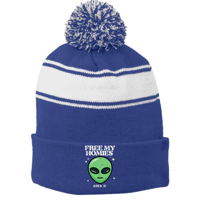 Alien Free My Homies Area 51 Funny Ufo Stripe Pom Pom Beanie