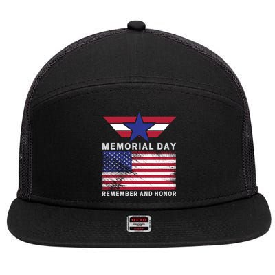 American Flag Memorial Day Remember And Honor Gift 7 Panel Mesh Trucker Snapback Hat