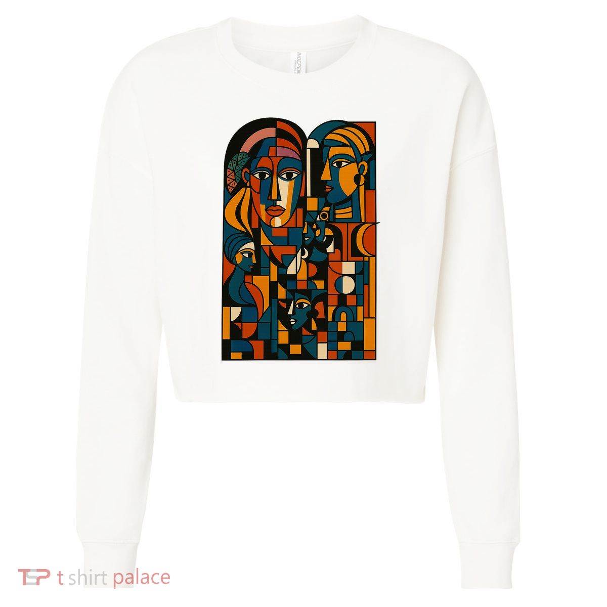 Abstract Faces Montage  Cropped Pullover Crew