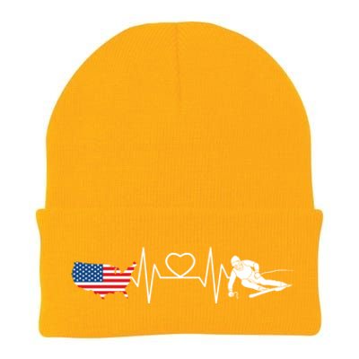 American Flag Map Ski Heartbeat Skiing Skier Gifts Knit Cap Winter Beanie