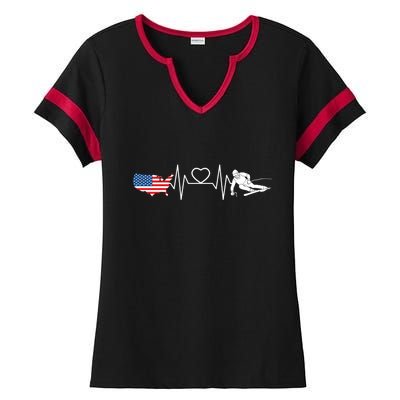 American Flag Map Ski Heartbeat Skiing Skier Gifts Ladies Halftime Notch Neck Tee