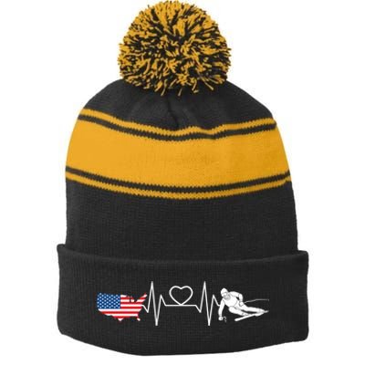 American Flag Map Ski Heartbeat Skiing Skier Gifts Stripe Pom Pom Beanie