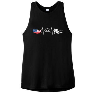 American Flag Map Ski Heartbeat Skiing Skier Gifts Ladies PosiCharge Tri-Blend Wicking Tank