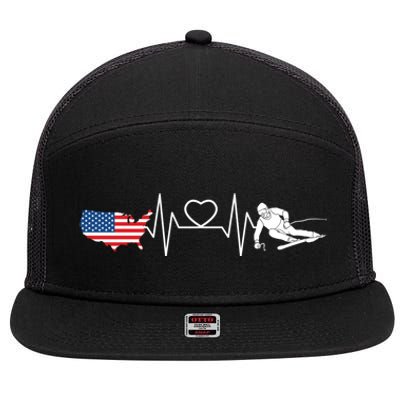 American Flag Map Ski Heartbeat Skiing Skier Gifts 7 Panel Mesh Trucker Snapback Hat