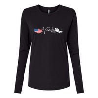 American Flag Map Ski Heartbeat Skiing Skier Gifts Womens Cotton Relaxed Long Sleeve T-Shirt