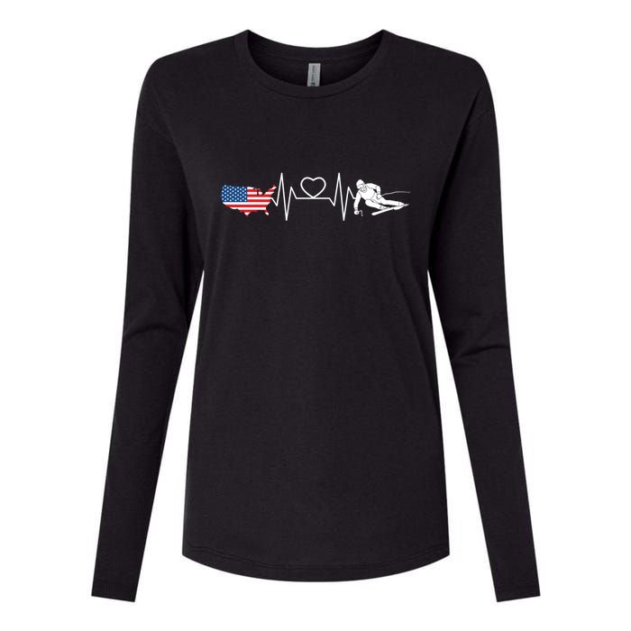 American Flag Map Ski Heartbeat Skiing Skier Gifts Womens Cotton Relaxed Long Sleeve T-Shirt