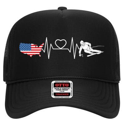 American Flag Map Ski Heartbeat Skiing Skier Gifts High Crown Mesh Back Trucker Hat