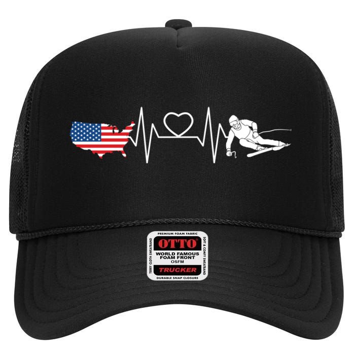 American Flag Map Ski Heartbeat Skiing Skier Gifts High Crown Mesh Back Trucker Hat