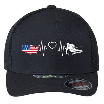 American Flag Map Ski Heartbeat Skiing Skier Gifts Flexfit Unipanel Trucker Cap