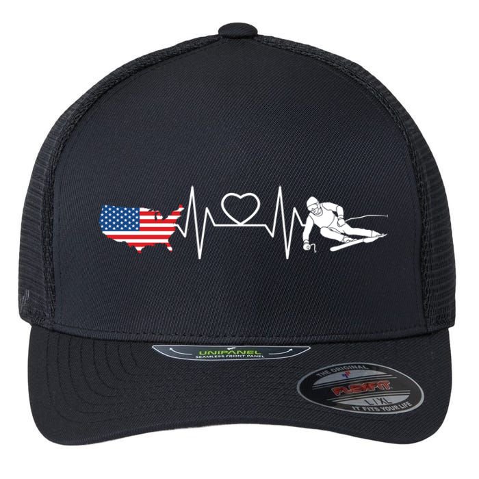 American Flag Map Ski Heartbeat Skiing Skier Gifts Flexfit Unipanel Trucker Cap