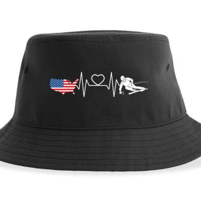 American Flag Map Ski Heartbeat Skiing Skier Gifts Sustainable Bucket Hat