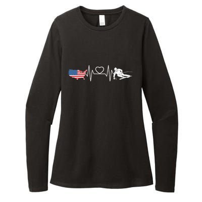 American Flag Map Ski Heartbeat Skiing Skier Gifts Womens CVC Long Sleeve Shirt