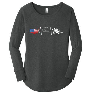 American Flag Map Ski Heartbeat Skiing Skier Gifts Women's Perfect Tri Tunic Long Sleeve Shirt