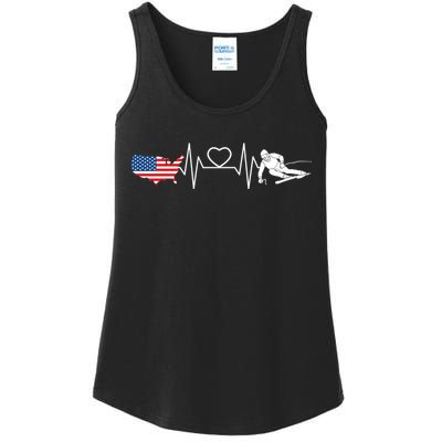 American Flag Map Ski Heartbeat Skiing Skier Gifts Ladies Essential Tank