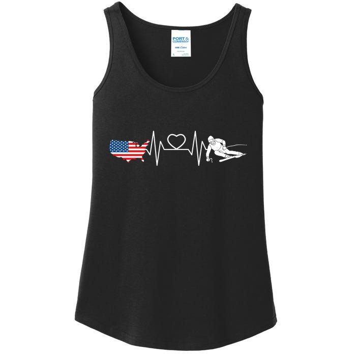 American Flag Map Ski Heartbeat Skiing Skier Gifts Ladies Essential Tank