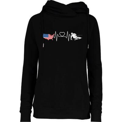 American Flag Map Ski Heartbeat Skiing Skier Gifts Womens Funnel Neck Pullover Hood