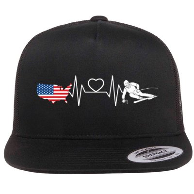 American Flag Map Ski Heartbeat Skiing Skier Gifts Flat Bill Trucker Hat