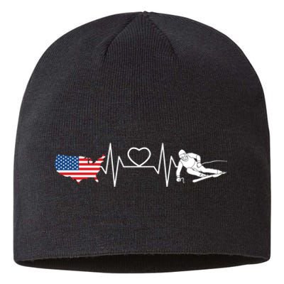 American Flag Map Ski Heartbeat Skiing Skier Gifts Sustainable Beanie