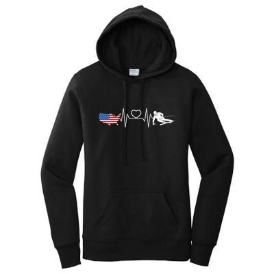 American Flag Map Ski Heartbeat Skiing Skier Gifts Women's Pullover Hoodie