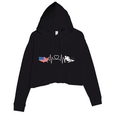 American Flag Map Ski Heartbeat Skiing Skier Gifts Crop Fleece Hoodie