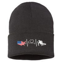 American Flag Map Ski Heartbeat Skiing Skier Gifts Sustainable Knit Beanie