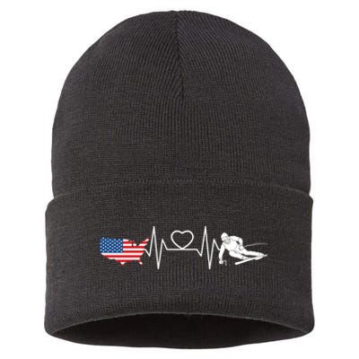 American Flag Map Ski Heartbeat Skiing Skier Gifts Sustainable Knit Beanie