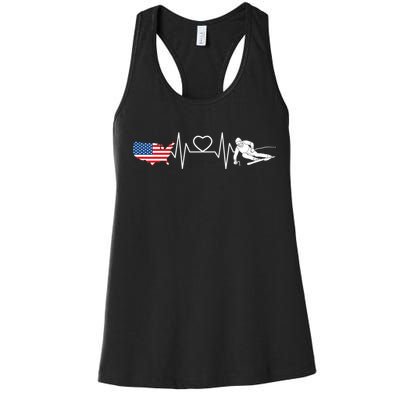 American Flag Map Ski Heartbeat Skiing Skier Gifts Women's Racerback Tank