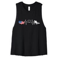 American Flag Map Ski Heartbeat Skiing Skier Gifts Women's Racerback Cropped Tank