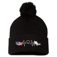 American Flag Map Ski Heartbeat Skiing Skier Gifts Pom Pom 12in Knit Beanie