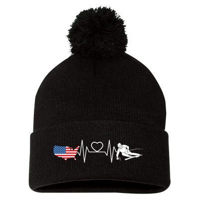 American Flag Map Ski Heartbeat Skiing Skier Gifts Pom Pom 12in Knit Beanie