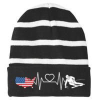 American Flag Map Ski Heartbeat Skiing Skier Gifts Striped Beanie with Solid Band