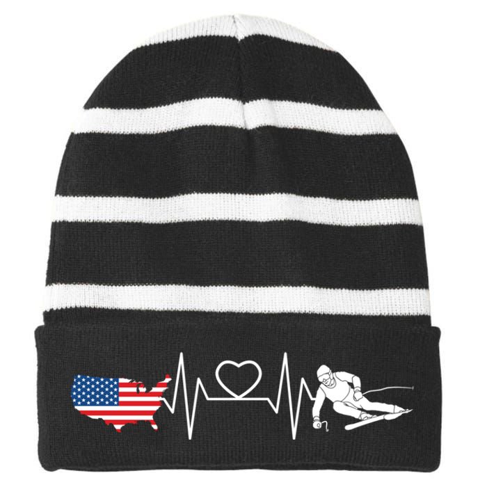 American Flag Map Ski Heartbeat Skiing Skier Gifts Striped Beanie with Solid Band