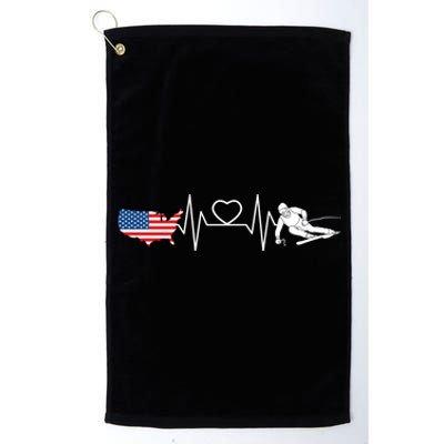 American Flag Map Ski Heartbeat Skiing Skier Gifts Platinum Collection Golf Towel