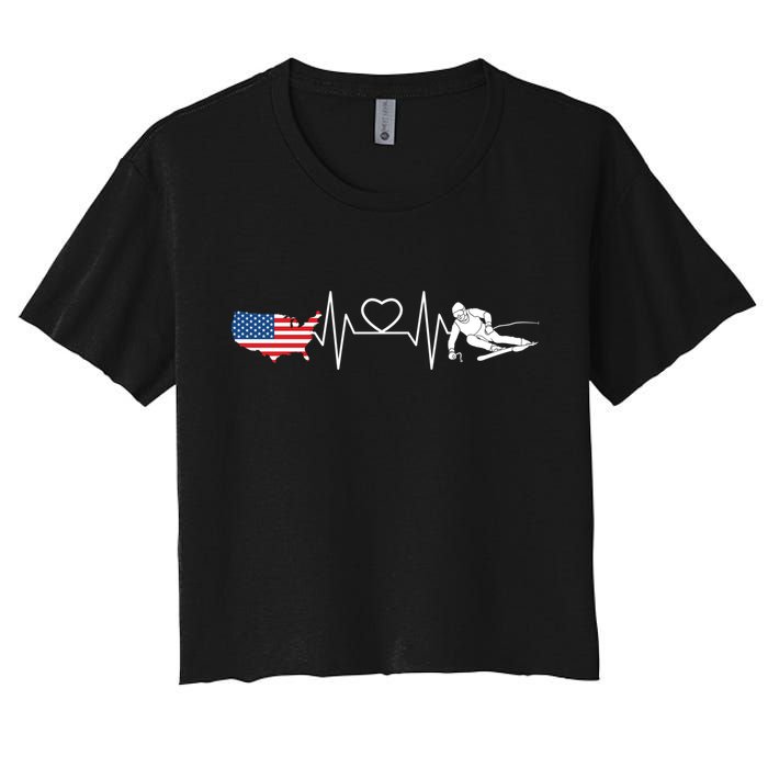 American Flag Map Ski Heartbeat Skiing Skier Gifts Women's Crop Top Tee