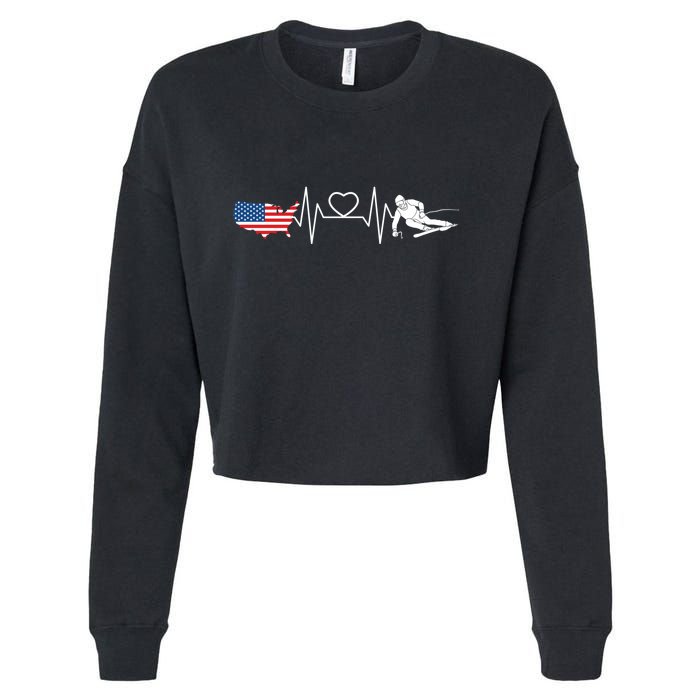 American Flag Map Ski Heartbeat Skiing Skier Gifts Cropped Pullover Crew