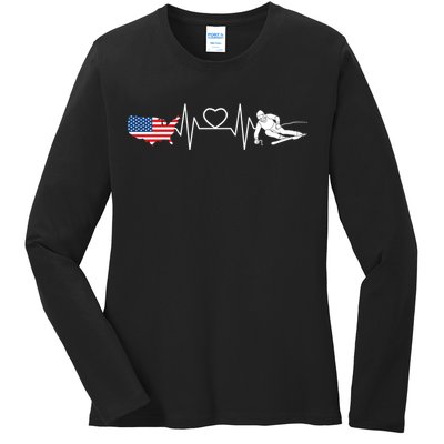 American Flag Map Ski Heartbeat Skiing Skier Gifts Ladies Long Sleeve Shirt