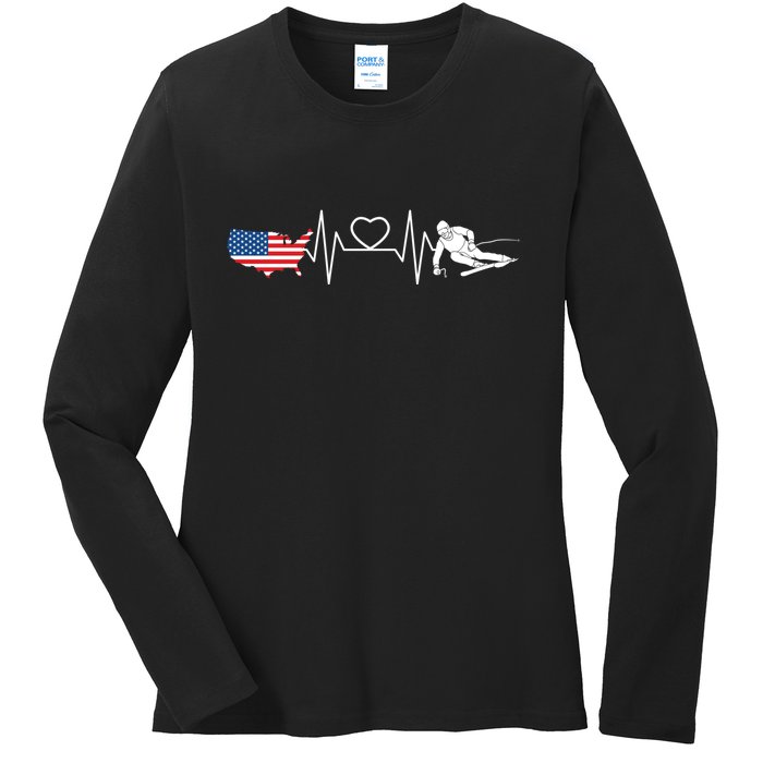 American Flag Map Ski Heartbeat Skiing Skier Gifts Ladies Long Sleeve Shirt