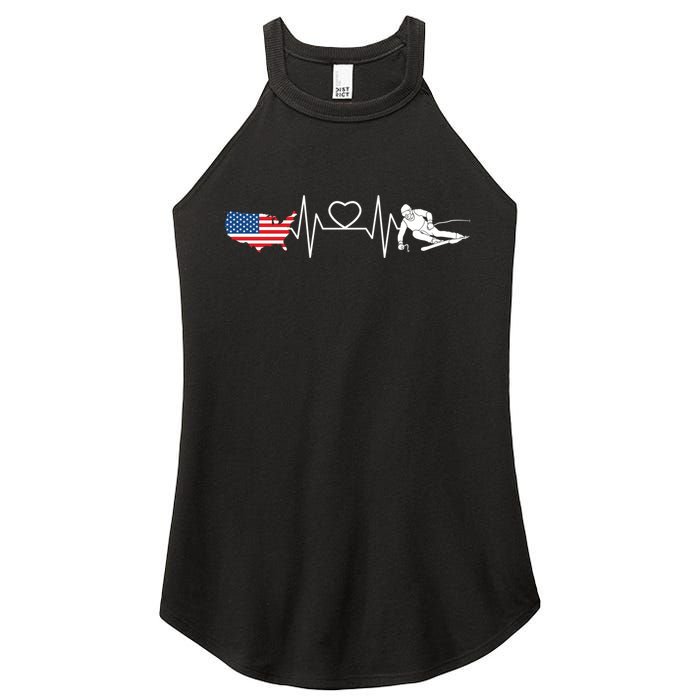 American Flag Map Ski Heartbeat Skiing Skier Gifts Women's Perfect Tri Rocker Tank