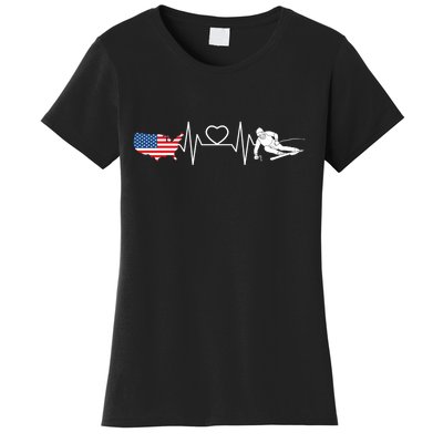 American Flag Map Ski Heartbeat Skiing Skier Gifts Women's T-Shirt