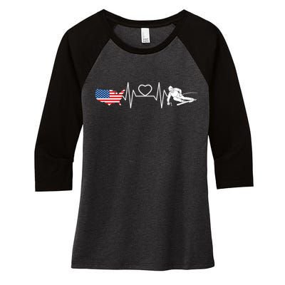 American Flag Map Ski Heartbeat Skiing Skier Gifts Women's Tri-Blend 3/4-Sleeve Raglan Shirt