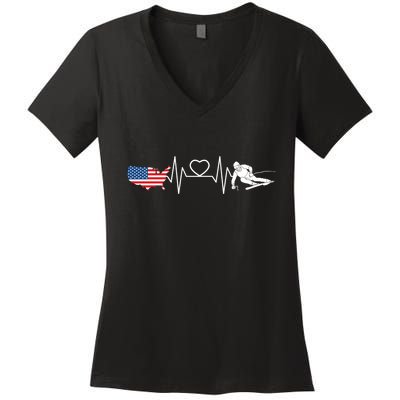 American Flag Map Ski Heartbeat Skiing Skier Gifts Women's V-Neck T-Shirt