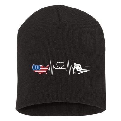 American Flag Map Ski Heartbeat Skiing Skier Gifts Short Acrylic Beanie