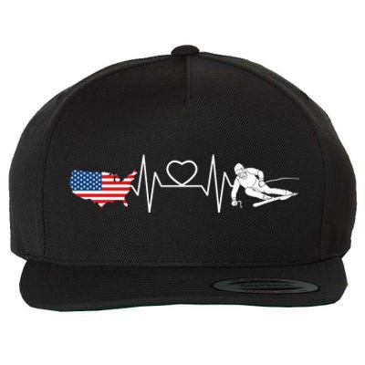 American Flag Map Ski Heartbeat Skiing Skier Gifts Wool Snapback Cap