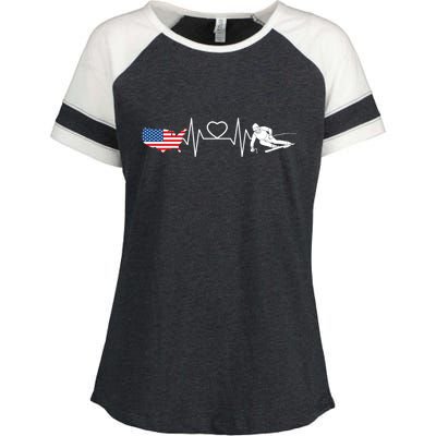 American Flag Map Ski Heartbeat Skiing Skier Gifts Enza Ladies Jersey Colorblock Tee